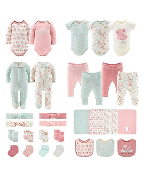 Newborn Layette Gift Set for Baby Girls, Pink Floral Elephant, 30 Essential Pieces,
