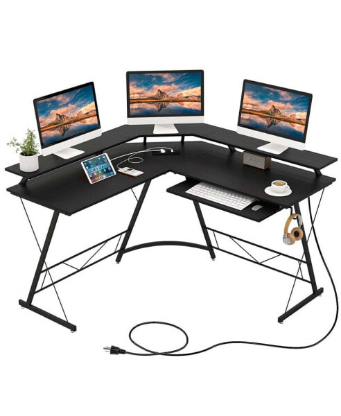 L-shaped Computer Desk with Power Outlet 51" Corner Computer Workstation Rustic