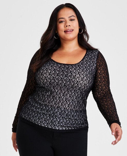 Trendy Plus Size Scoop-Neck Long-Sleeve Lace Top, Created for Macy's