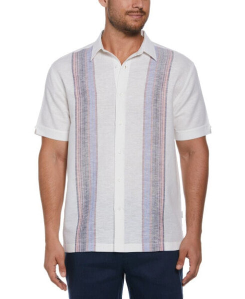 Men's Short Sleeve Button Front Linen Blend Yarn-Dyed Panel Shirt