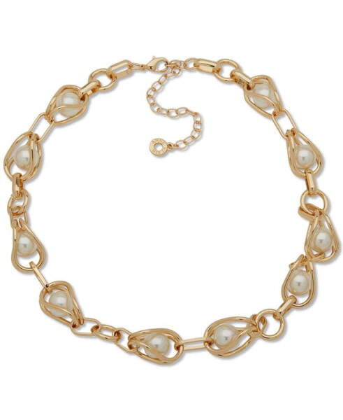 Gold-Tone Link & Imitation Pearl Collar Necklace, 16" + 3" extender