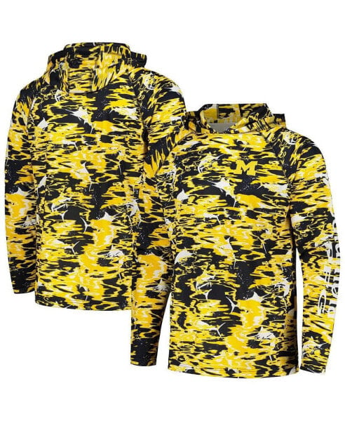 Men's Navy Michigan Wolverines PFG Terminal Tackle Omni-Shade Rippled Long Sleeve Hooded T-shirt