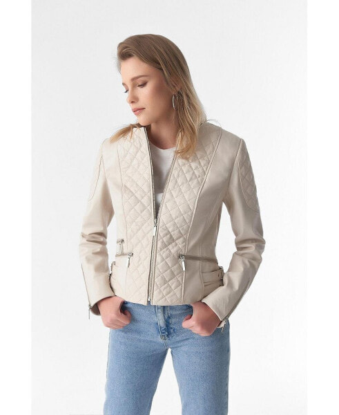 Women's Genuine Leather Quilted Biker Jacket, Beige