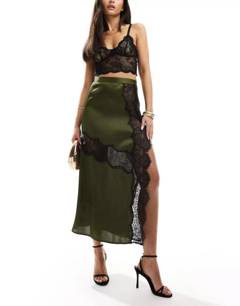 ASOS DESIGN satin maxi skirt with lace insert in khaki