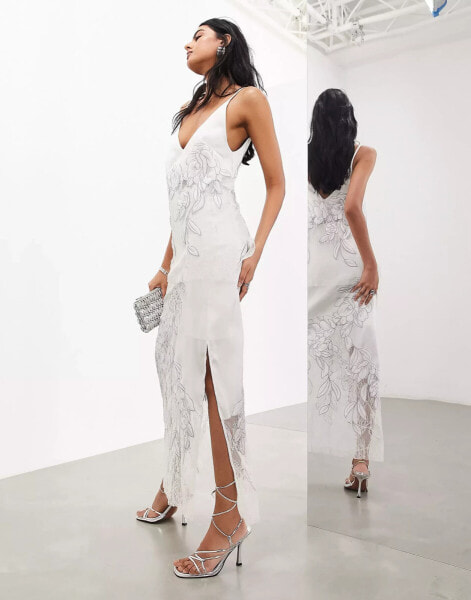 ASOS EDITION embroidered lace panelled maxi skirt co-ord in silver