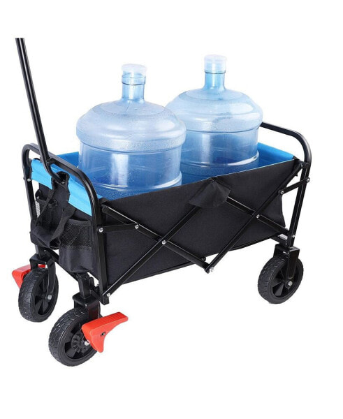 Mini Folding Wagon Garden Shopping Beach Cart (Black+Blue+Brake)