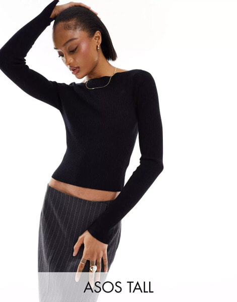 ASOS DESIGN Tall knitted boat neck long sleeve top in black