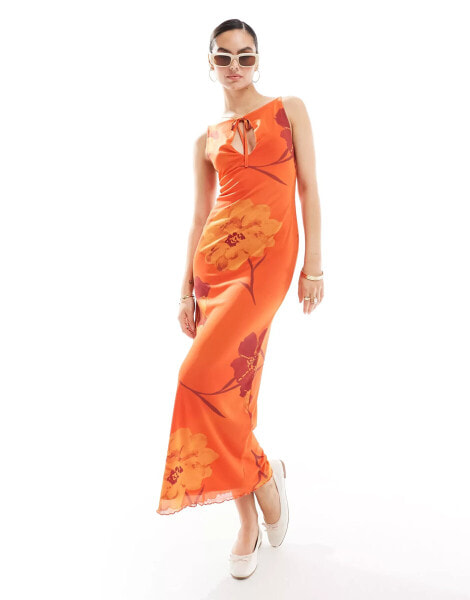 ASOS DESIGN slash neck keyhole midi dress in orange ombre floral print