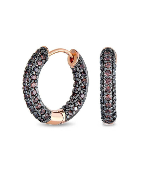 Formal Party Brown Pave CZ Inside Out Small Tube Huggie Hoop Earrings For Women Cubic Zirconia.75 Inch Diameter