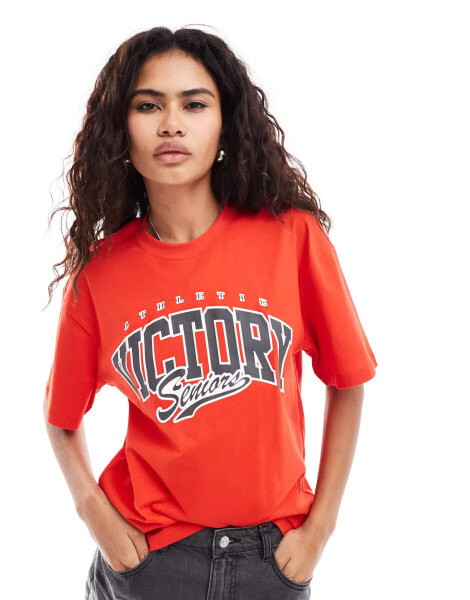 Urban Revivo victory slogan oversized t-shirt in bright red