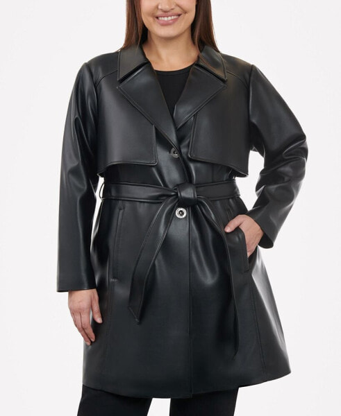 Women's Plus Size Belted Faux-Leather Trench Coat