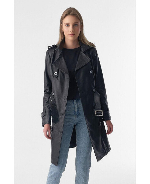 Women's Genuine Leather Trench Coat, Black