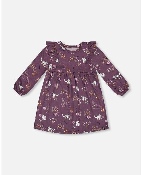 Toddler Girls Dress With Frills Mauve Printed Cats - Toddler|Child