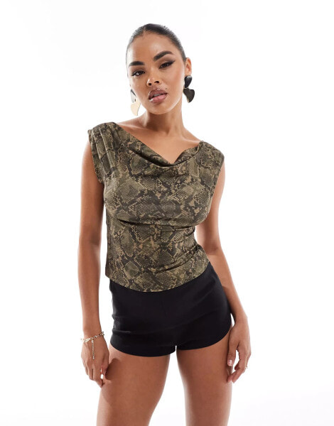 ASOS DESIGN cowl neck top in snake print