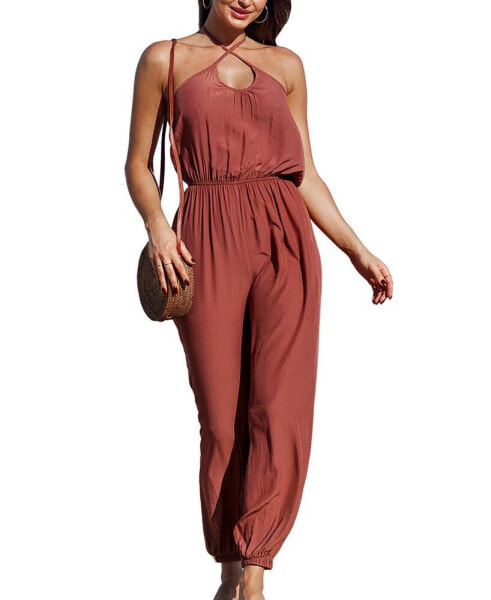 Women's Burgundy Cross Over Halter Neck Jumpsuit