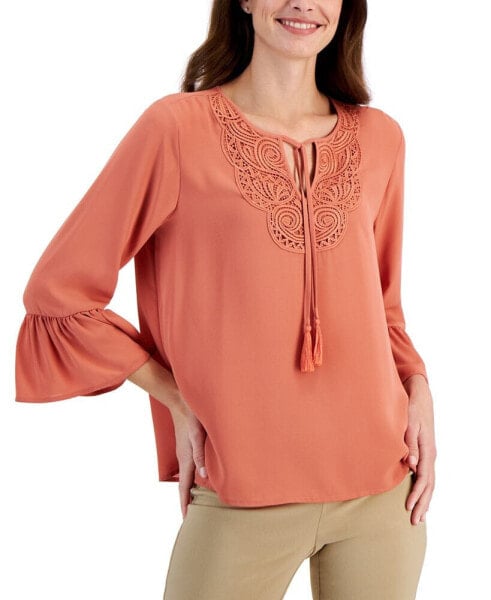 Women's Lace-Trim Bell-Sleeve Woven Top, Created for Macy's