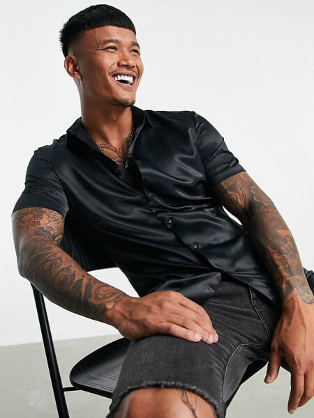 ASOS DESIGN skinny satin shirt in black