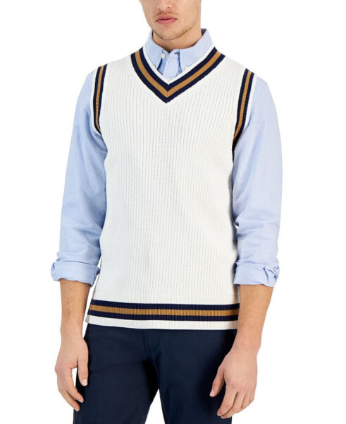 Men's Spliced V-Neck Striped-Trim Sweater Vest, Created for Macy's