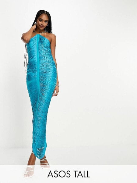 ASOS DESIGN Tall fringe drape halter maxi dress in teal