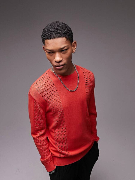 Topman knitted pointelle jumper in red