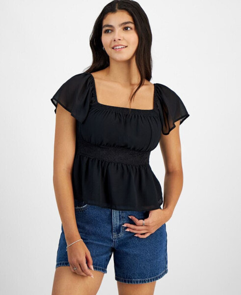 Juniors' Lace-Trim Flutter-Sleeve Top