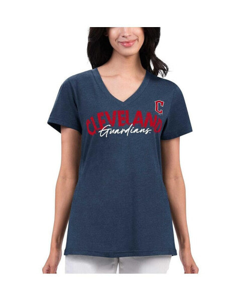 Women's Navy Distressed Cleveland Guardians Key Move V-Neck T-shirt