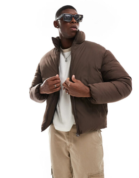 ADPT cropped puffer jacket in chocolate brown