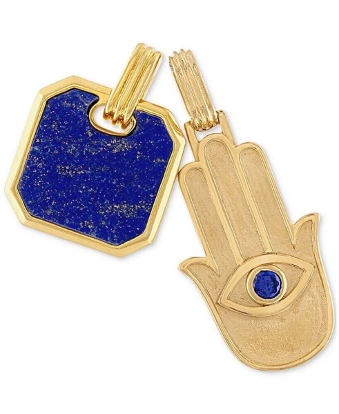 Esquire Men's Jewelry 2-Pc. Set Lapis Lazuli & Cubic Zirconia Dog Tag & Hamsa Hand Amulet Pendants in 14k Gold-Plated Sterling Silver, Created for Macy's