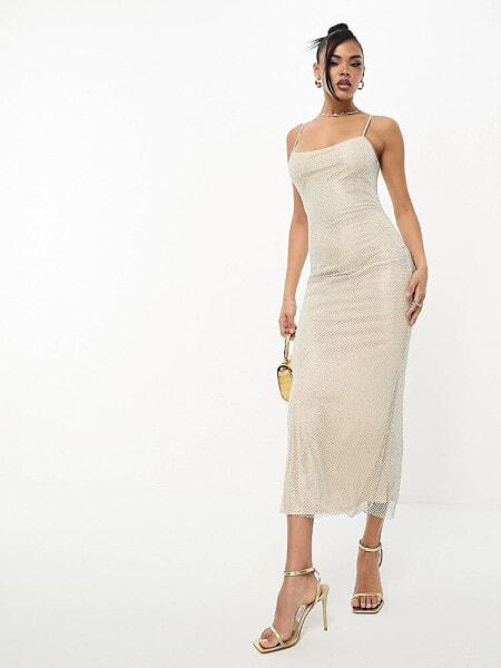 Rare London premium diamante maxi dress in silver