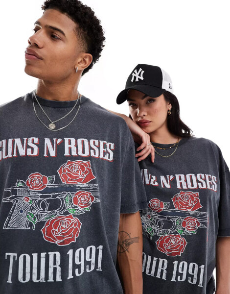 ASOS DESIGN unisex oversized license t-shirt with Guns N' Roses 1991 Tour print in washed black