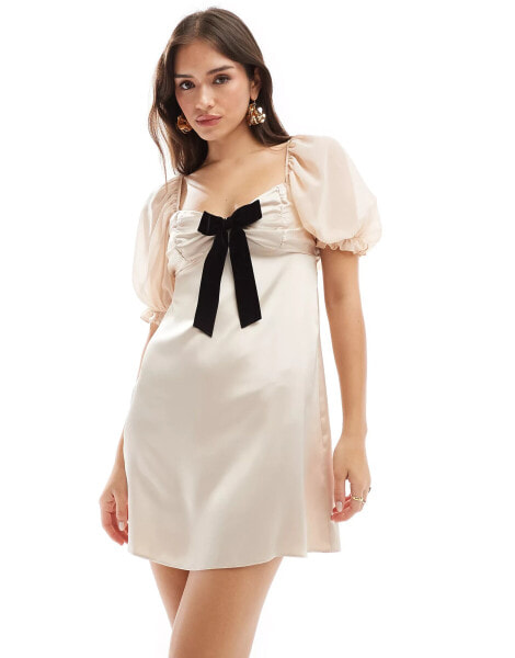 Miss Selfridge satin ruched bow detail mini dress in cream