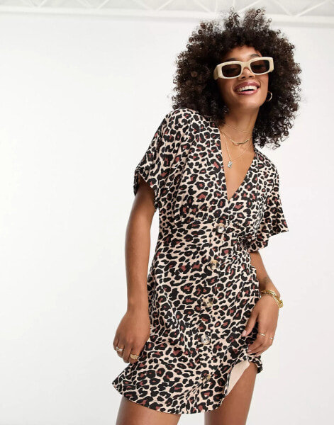 ASOS DESIGN flutter sleeve mini tea dress with buttons in leopard print