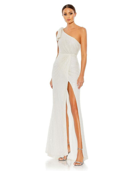 Women's Pearl Embellished Soft Tie One Shoulder Gown