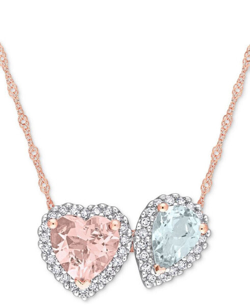 Morganite (1-1/10 ct. t.w.), Aquamarine (5/8 ct. t.w.) & Diamond (1/5 ct. t.w.) Two-Stone Halo 17" Pendant Necklace in 14k Rose Gold
