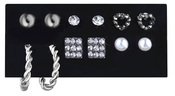 Set of round earrings and rings with Silver zircons (6 pairs)