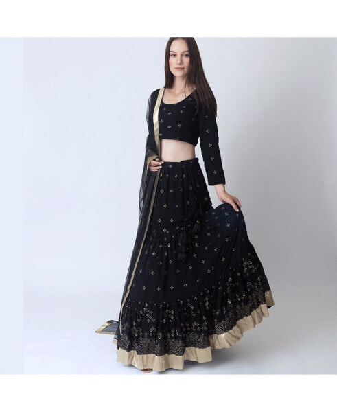 Women's Black Full Sleeve Lehenga Choli Embellished with Sequins