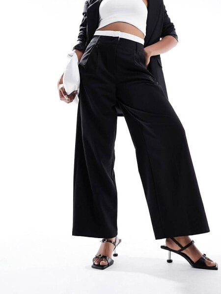 Bershka boxer waistband wide leg tailored trousers in black