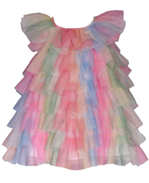 Baby Girls Short Sleeve Rainbow Mesh Ruffle Trapeze Dress