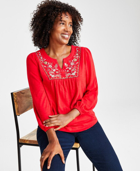 Petite Embroidered Shimmer-Knit Cotton Top, Created for Macy's