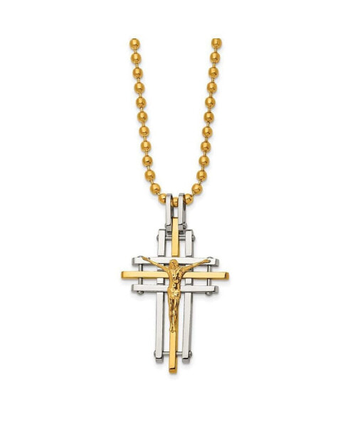 Polished Yellow IP-plated Crucifix Pendant Ball Chain Necklace