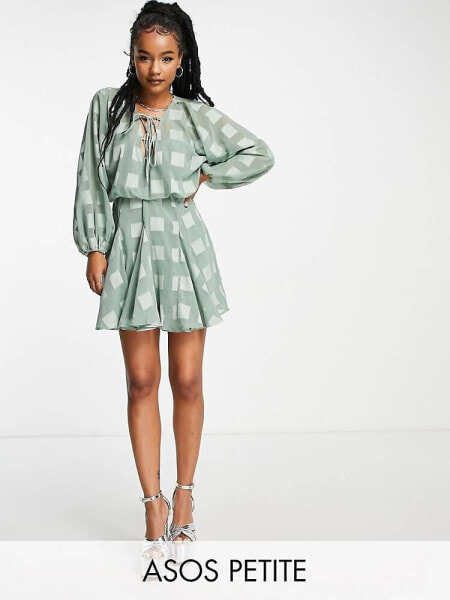 ASOS DESIGN Petite plunge mini dress with godet skirt in sage green