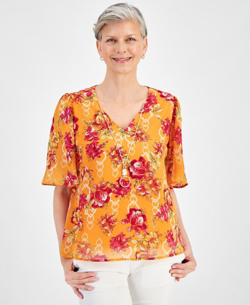 Petite Floral-Print Flutter-Sleeve Necklace Top, Created for Macy's