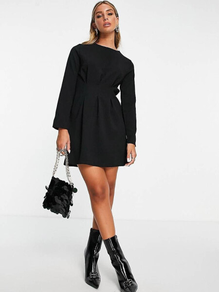 ASOS DESIGN nipped in waist long sleeve mini dress in black