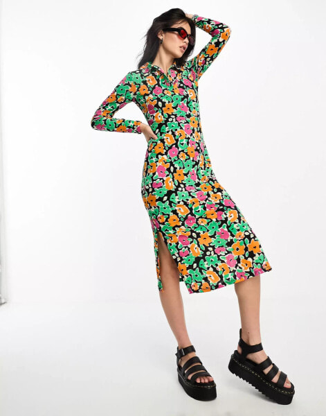 Only exclusive midi shirt dress in multi floral