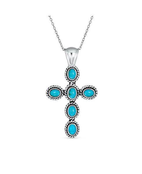 South Western Style Natural Stabilized Blue Turquoise Rope Bezel Set Cross Pendant Necklace For Women Sterling Silver