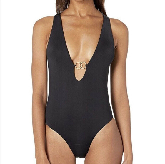 BCBG Women's 239924 Solid Ring Plunge One Piece Black Swimsuit Size S