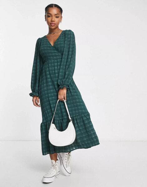 New Look puff long sleeve midi wrap dress in dark green check