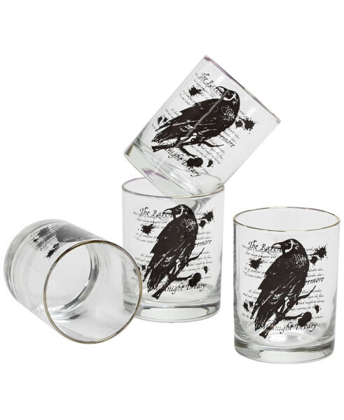 14-Ounce 22 Carat Gold-Tone Rim DOF (Double Old Fashioned) Glass Set of 4 - Spooky Raven