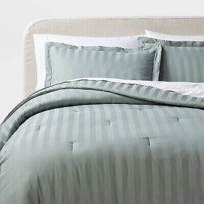 3pc Full/Queen Luxe Striped Damask Comforter and Sham Set Light Teal Green -