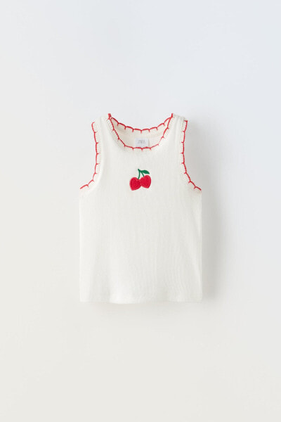 Embroidered fruit ribbed t-shirt